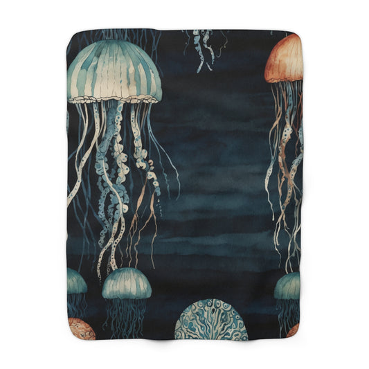Jellyfish Vintage Nautical, Beach House Blanket, Coastal Room Decor, Maritime Ocean Inspired Fleece Blanket